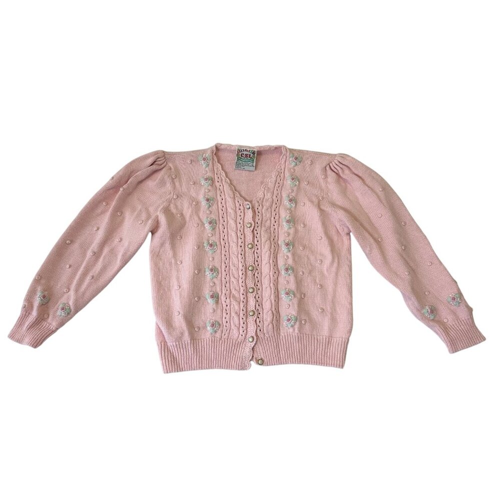 Cherry Stix Ltd Pink Rosette Grandma Cardigan Sweater Pink Sz L Cotton Ramie Vtg